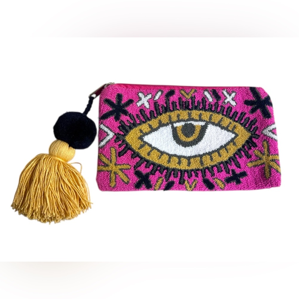 Evil Eye Clutch Bag Punch Needle Tapestry Style Bohemian Tassel Pink Gold Indie